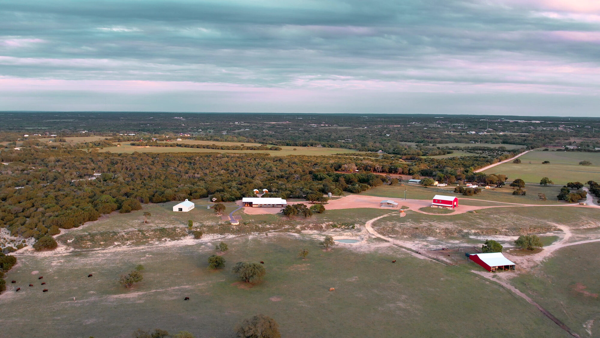 Aerial view of The Dogwood Barn and the 600-acre G5 Ranch in Georgia