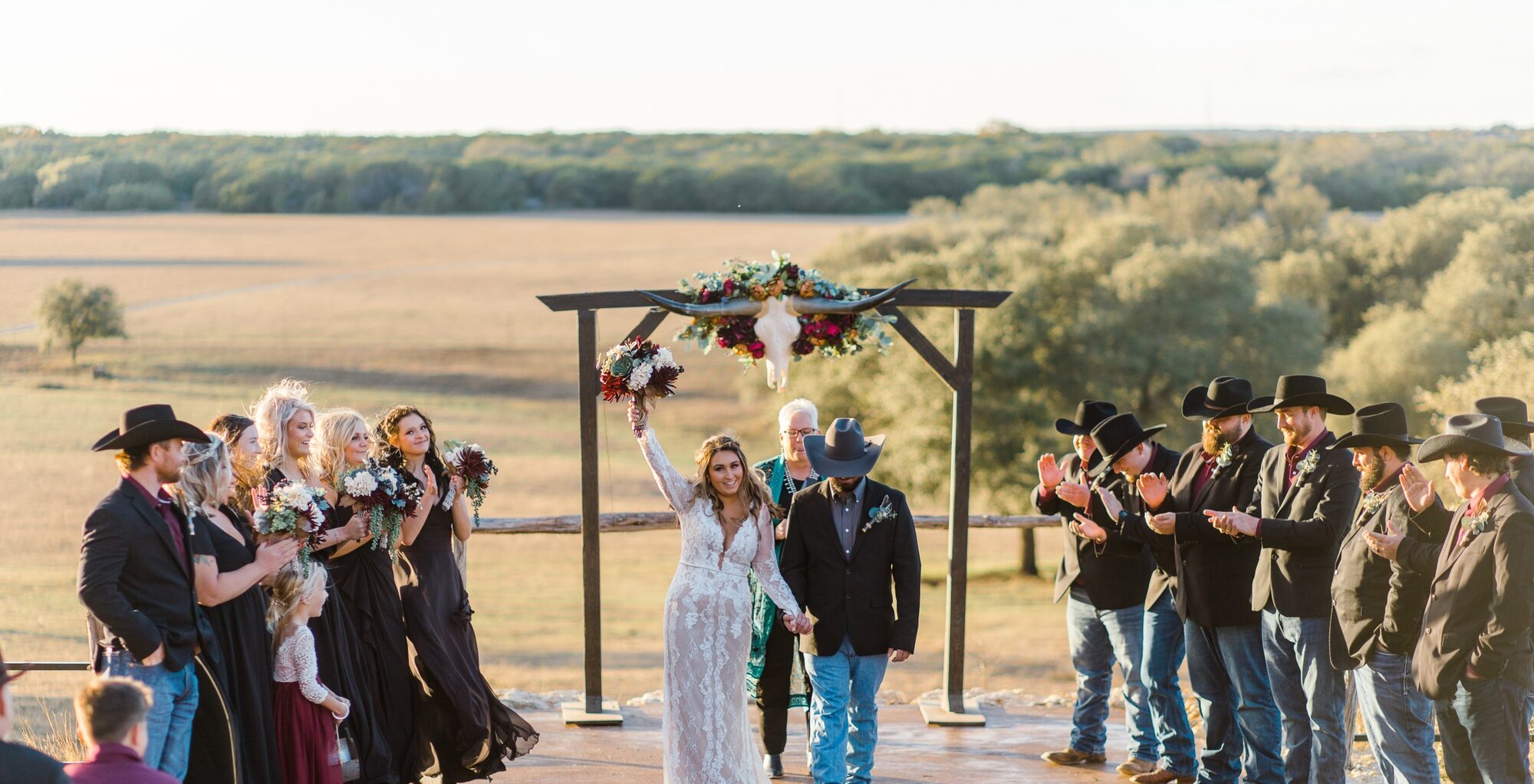 Wedding party at The Dogwood Barn at golden hour
